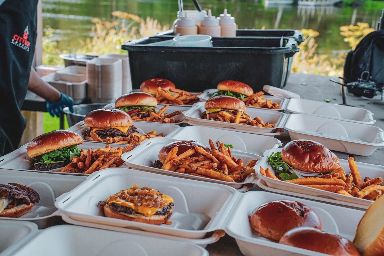 A spread of City Boy burgers and fries